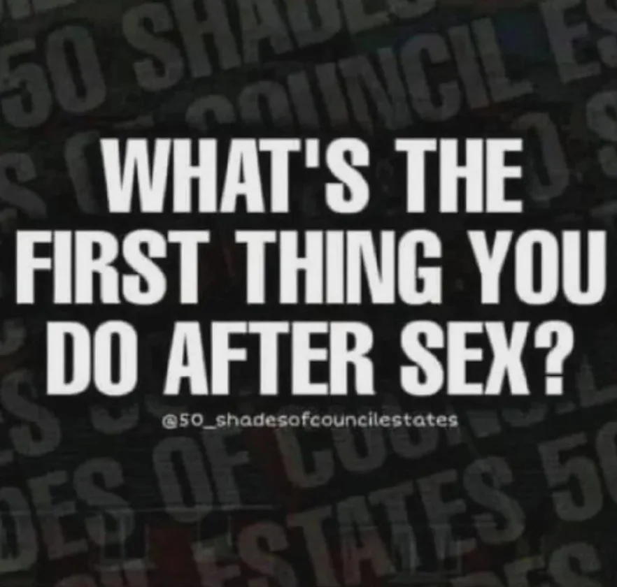 The image features bold white text asking 'WHAT'S THE FIRST THING YOU DO AFTER SEX?' over a dark background filled with…