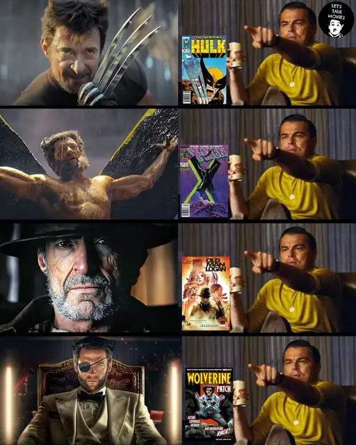 A grid of four comic book covers featuring Wolverine, each paired with a corresponding image of Hugh Jackman as Wolverine…