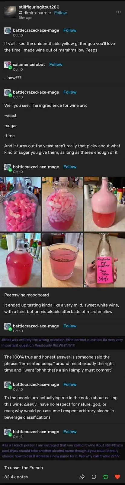A six-panel image collage shows the process of fermenting pink marshmallow Peeps in a glass carboy, starting with whole…