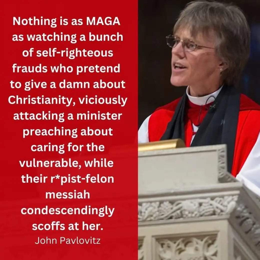 A woman in clerical attire stands at a pulpit, speaking. A red block on the left contains white text criticizing MAGA…
