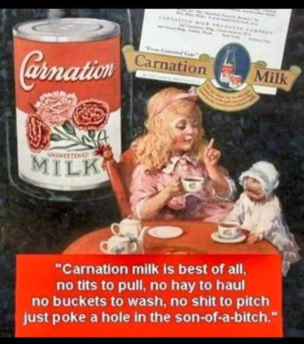 An old-fashioned advertisement shows a young girl and a doll seated at a table with teacups, next to a large can of…