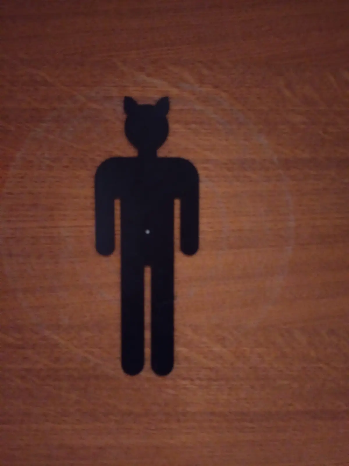 A black silhouette of a male restroom sign with cat ears is mounted on a wooden surface, and a small white dot is visible…