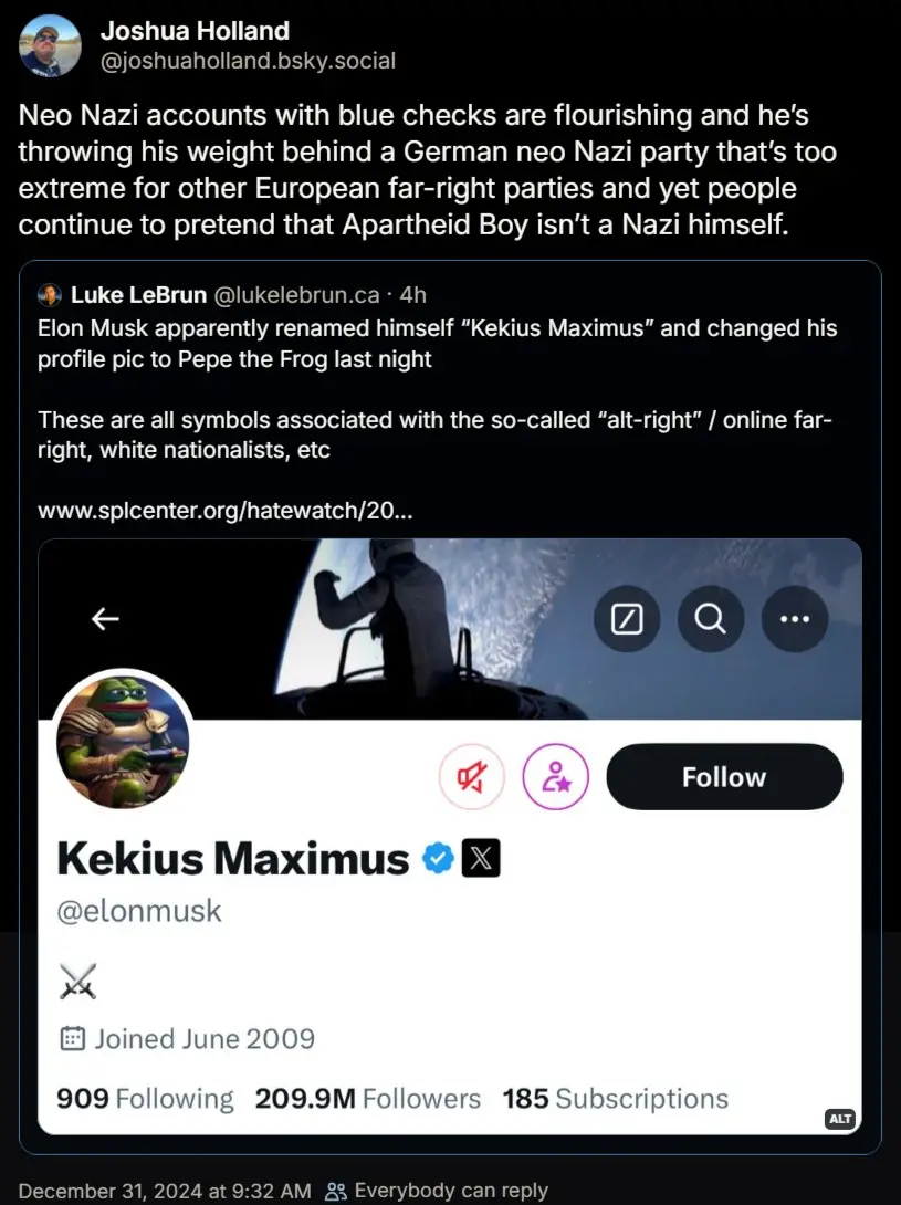 A screenshot of a social media post showing a parody Twitter/X profile named 'Kekius Maximus' with the handle @elonmusk, a…