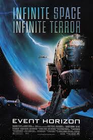 A movie poster for 'Event Horizon' shows a spaceship in space with a planet and lightning in the background. The text…