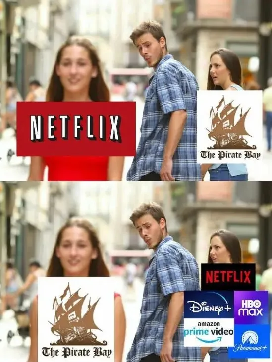 A man in a plaid shirt turns away from a smiling woman, looking disgusted at another woman. The top panel shows the Netflix…