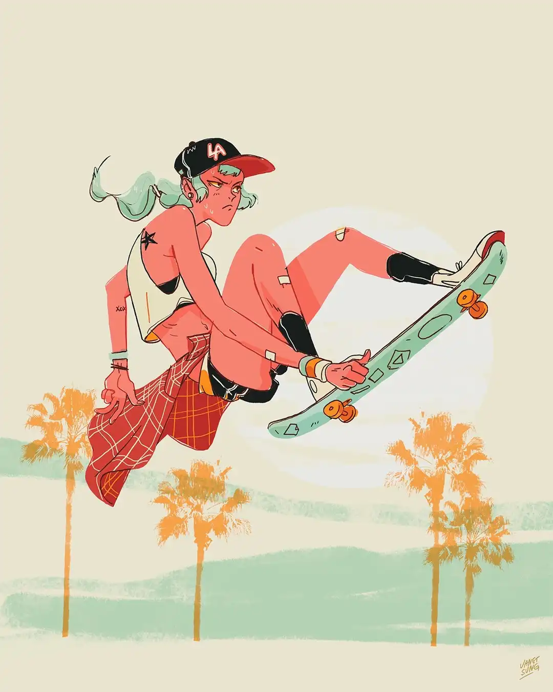 An illustrated woman with green hair and an LA cap is mid-air on a skateboard, wearing a plaid skirt and protective gear…