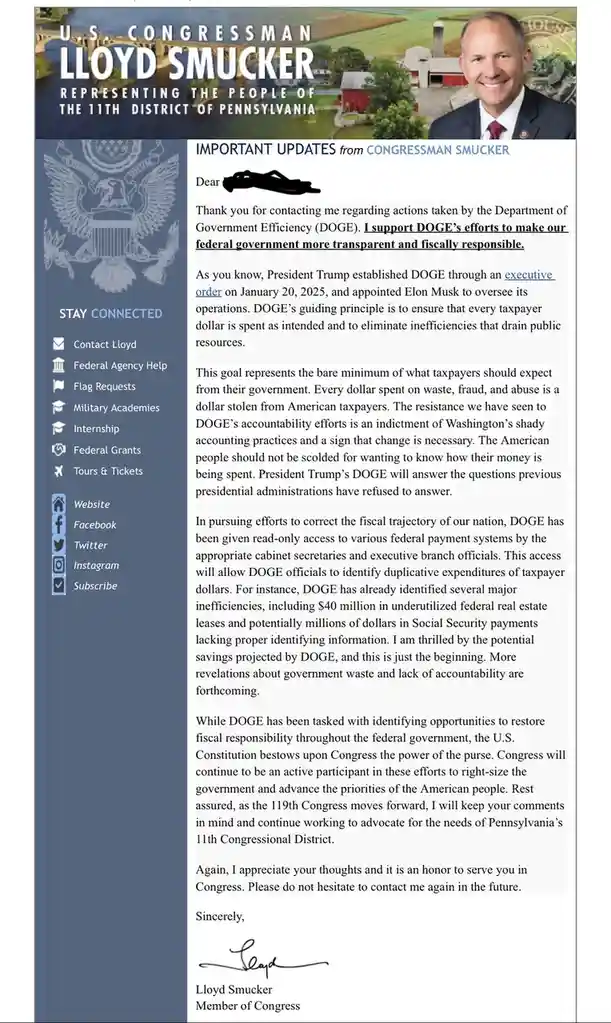An image of a fake letter from U.S. Congressman Lloyd Smucker, which claims he supports the fictional 'Department of…