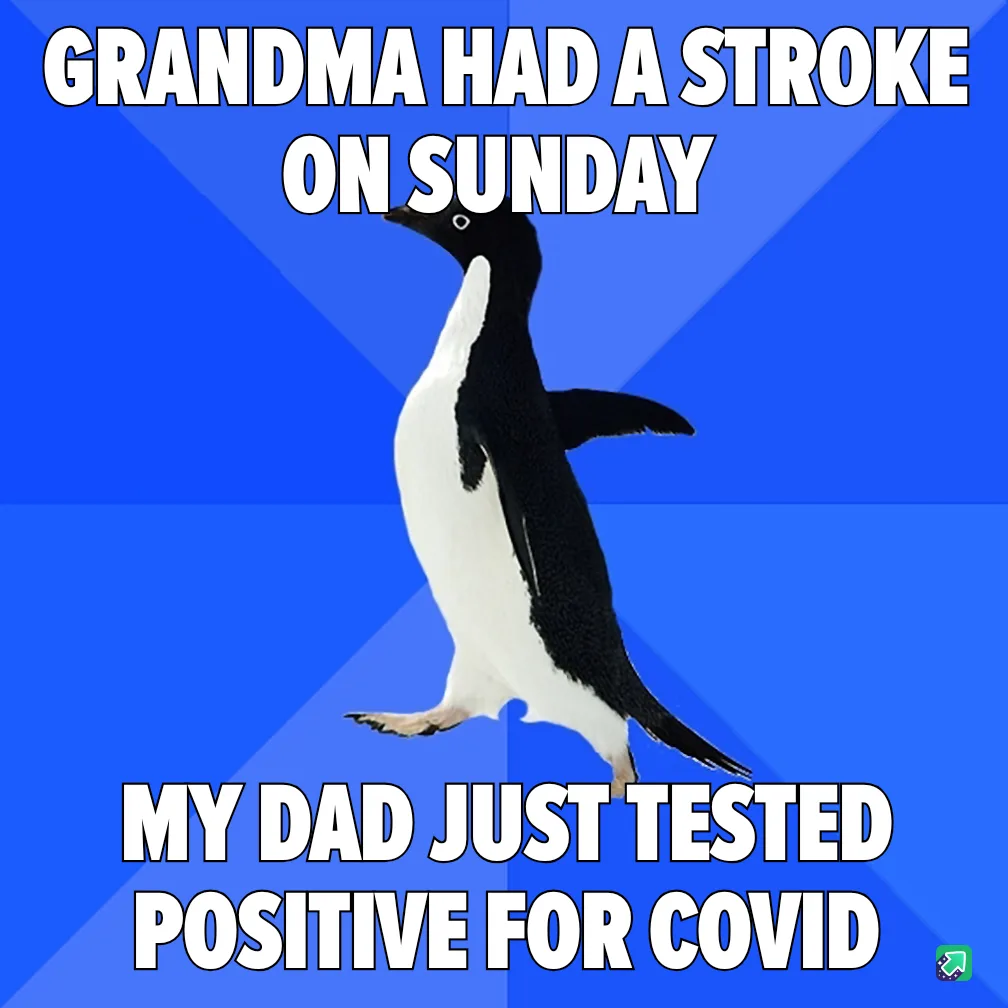 A black-and-white penguin stands upright against a blue background with diagonal stripes. White bold text at the top reads…