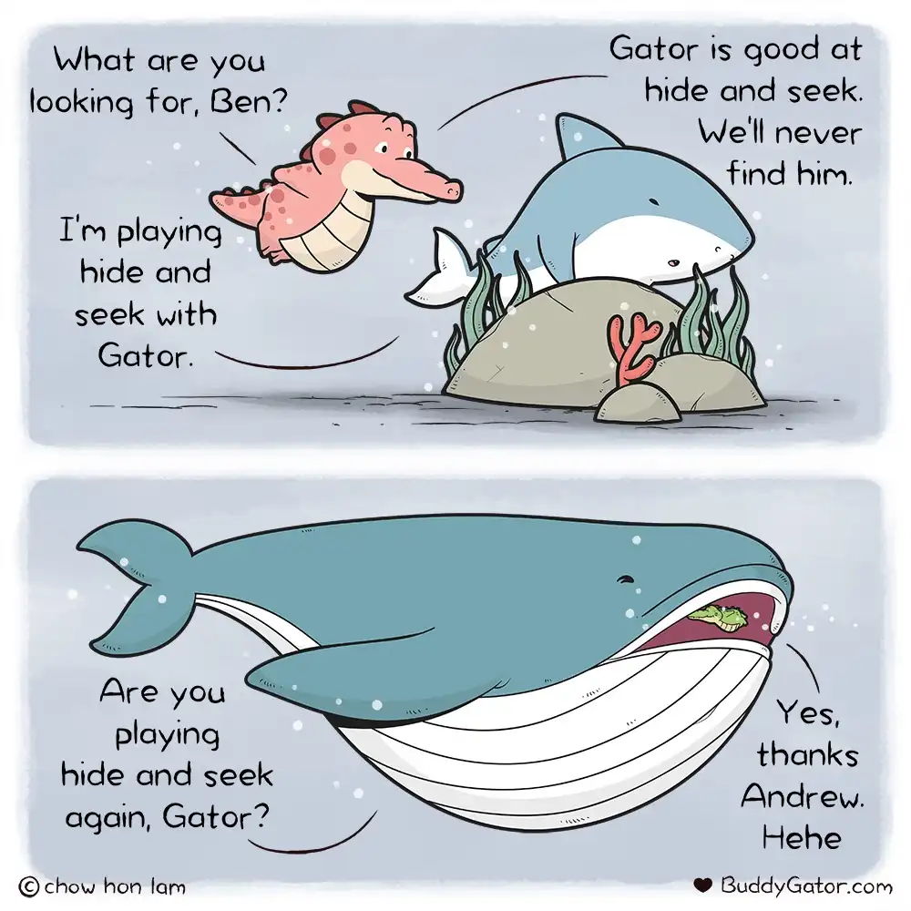 A two-panel cartoon shows a pink seahorse named Ben asking a shark why it's looking for a hidden alligator named Gator. The…