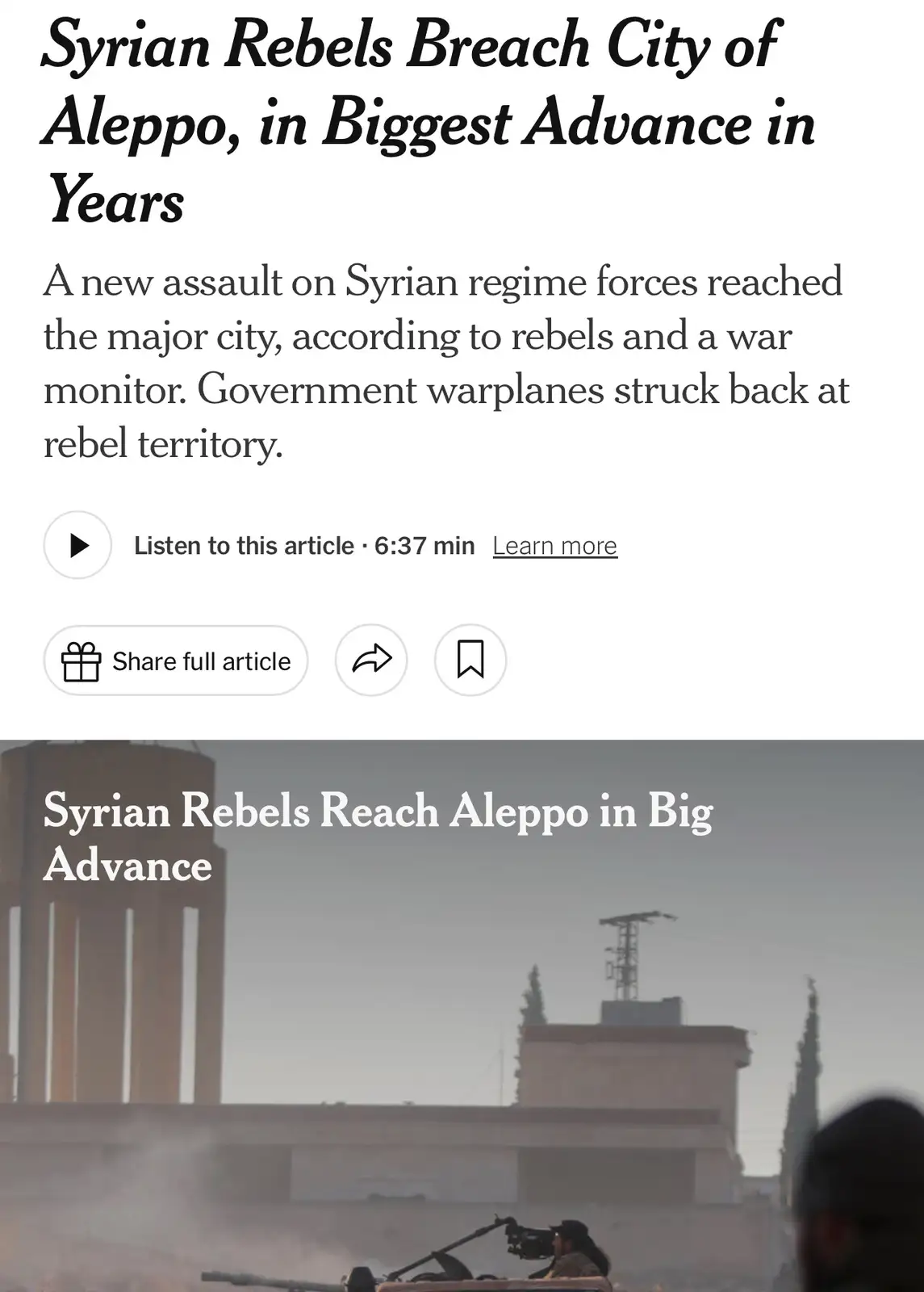 The image displays a news article headline reading 'Syrian Rebels Breach City of Aleppo, in Biggest Advance in Years' with a…