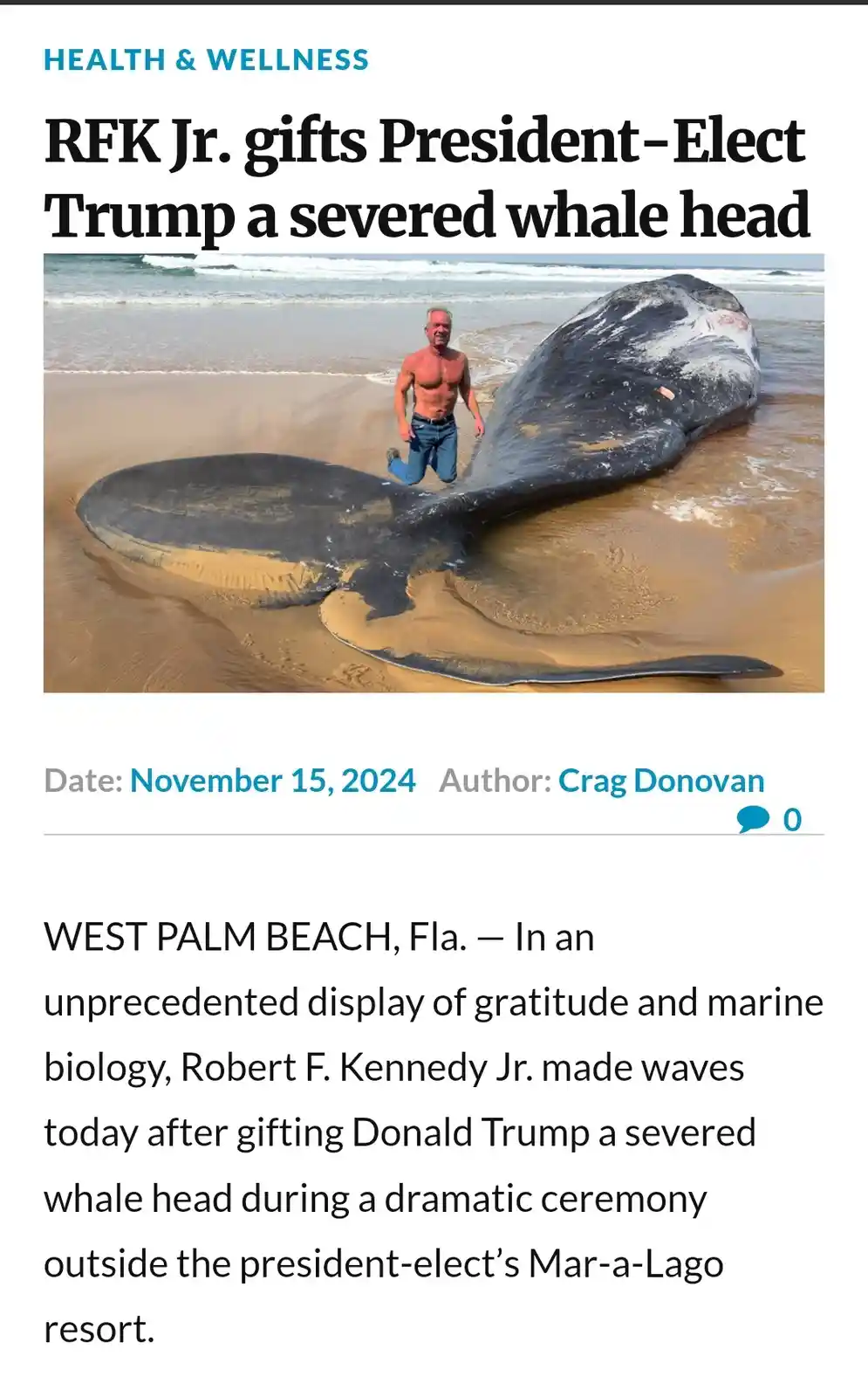 A shirtless man kneels beside a large, severed whale head and tail on a sandy beach with ocean waves in the background. The…