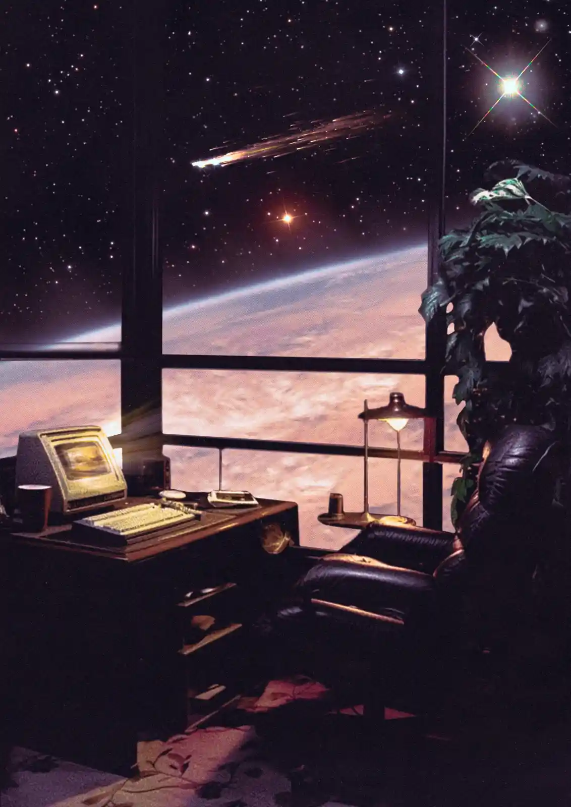 An office with a retro computer, leather chair, and lamp, overlooking a view of Earth and stars from space. A comet streaks…