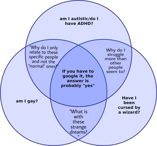 A blue Venn diagram with four overlapping circles. Each circle contains a question about self-identity or struggles: 'am I…