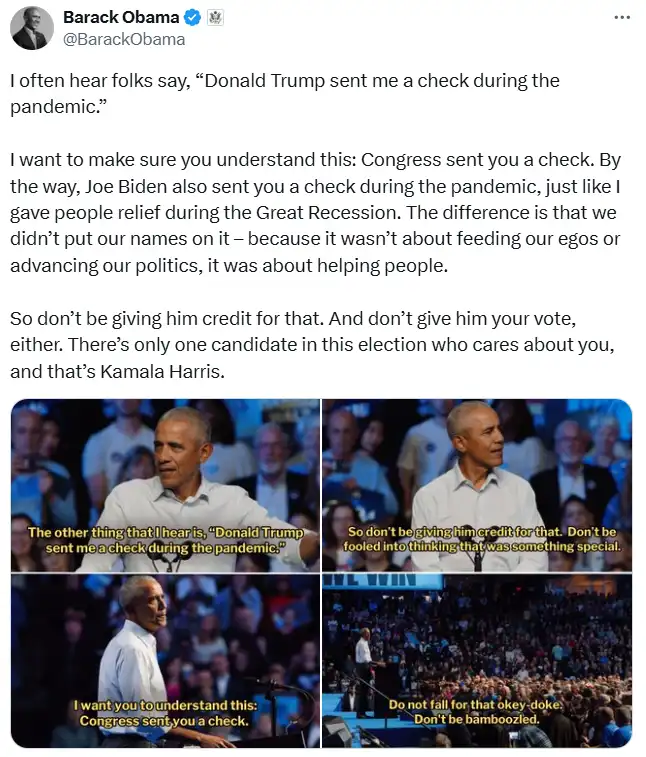 A four-panel meme featuring Barack Obama speaking at a rally, with overlaid text quoting his speech about pandemic checks…