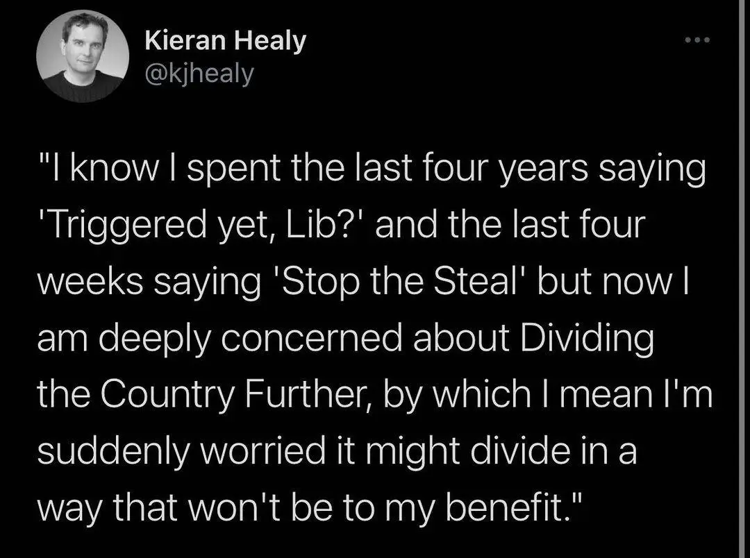 A screenshot of a tweet by Kieran Healy showing a quote where he admits to previously supporting divisive political slogans…
