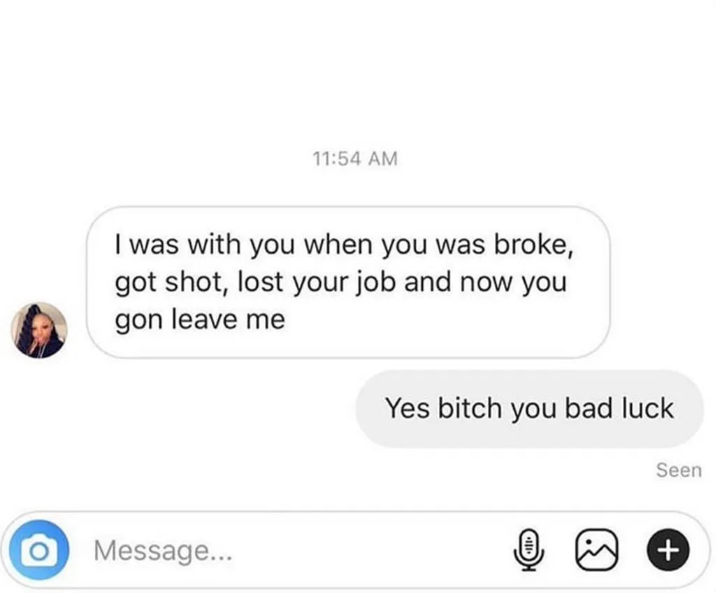A screenshot of a text message conversation shows a message from one person listing past hardships they endured with their…