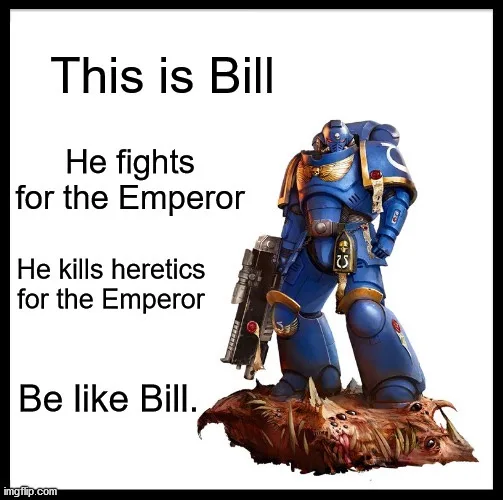 A blue-armored space marine stands triumphantly on the head of a slain, grotesque creature. Text overlaid on the image…
