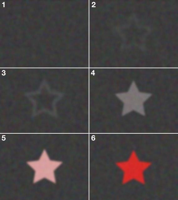 A six-panel grid shows a star progressively becoming brighter and more saturated in color, starting from barely visible in…