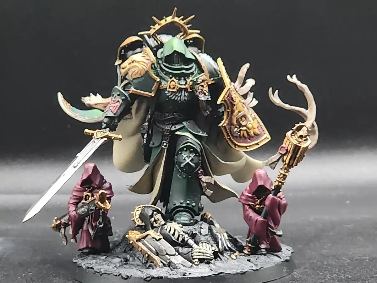 A highly detailed, painted miniature of a large, armored fantasy warrior with green and gold armor, a spiked crown, and a…