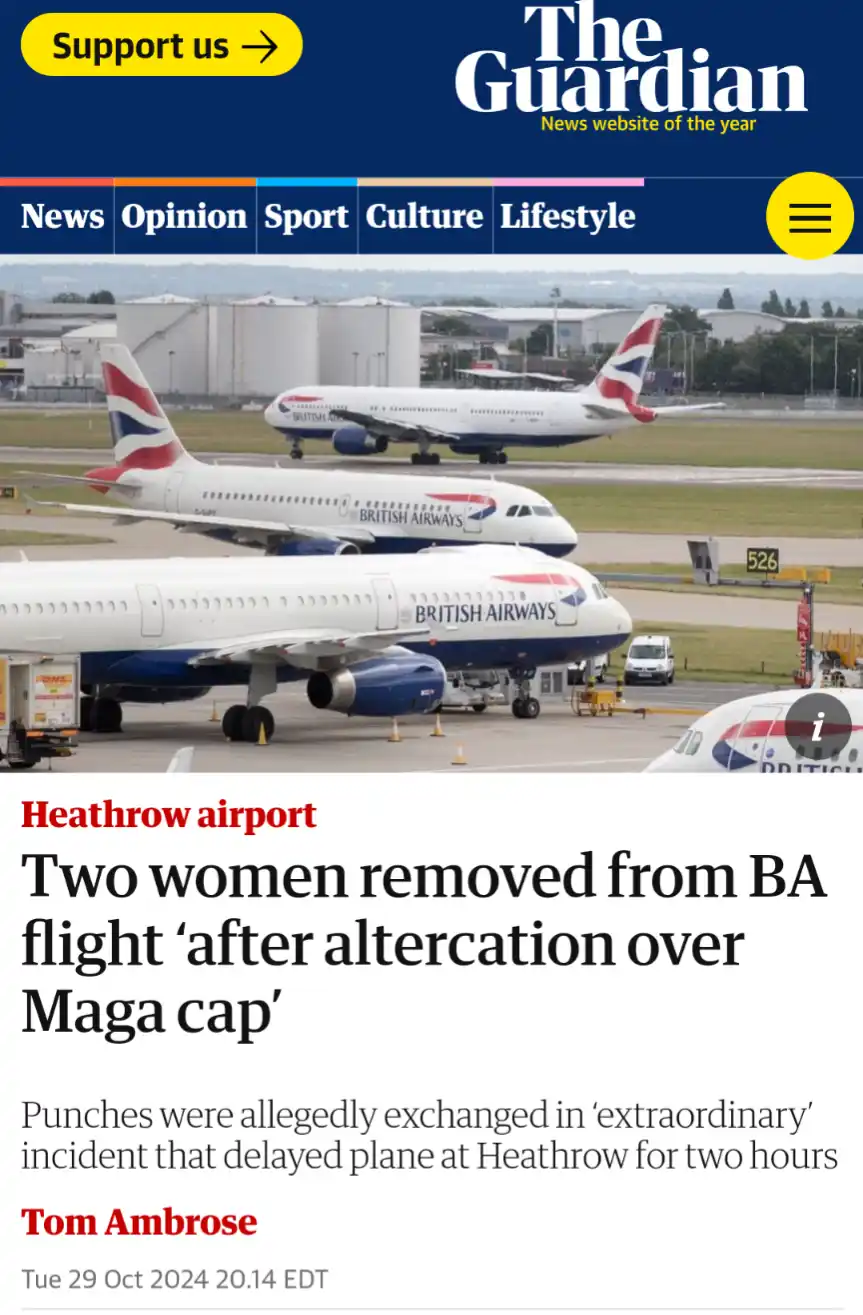 A screenshot of a The Guardian news article headline about two women being removed from a British Airways flight after an…