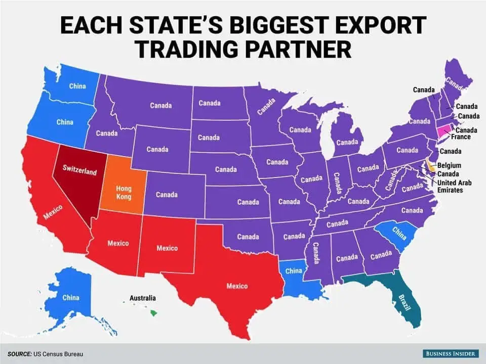 A map of the United States where each state is colored and labeled with its largest export trading partner, predominantly…