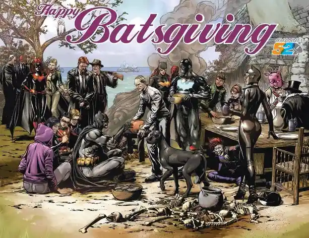 A comic book illustration depicts numerous Batman-related characters gathered outdoors for a festive meal, with the large…