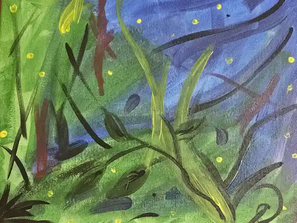 A colorful abstract painting on canvas depicts a stylized underwater scene with green seaweed, blue water, and yellow dots…