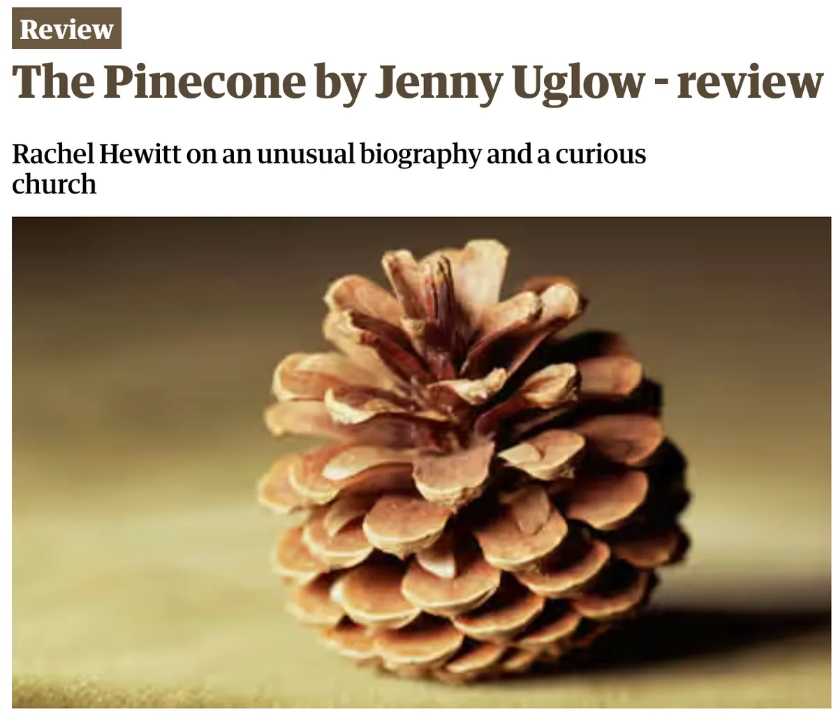 A close-up photograph of a brown pinecone on a soft, blurred background, overlaid with text that reads 'Review' in a small…