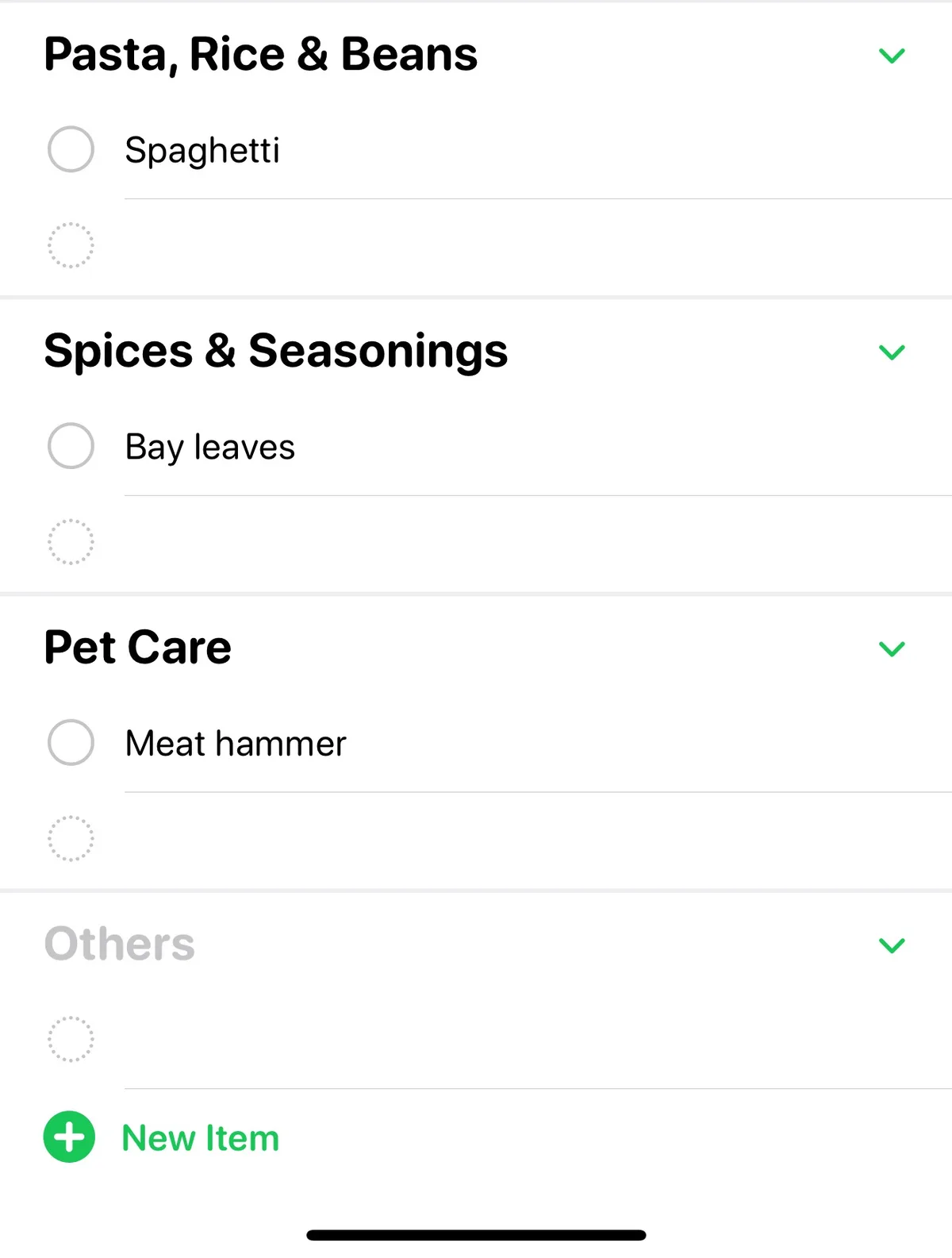 A grocery app's item category list shows 'Pasta, Rice & Beans', 'Spices & Seasonings', and 'Pet Care' sections, each with a…