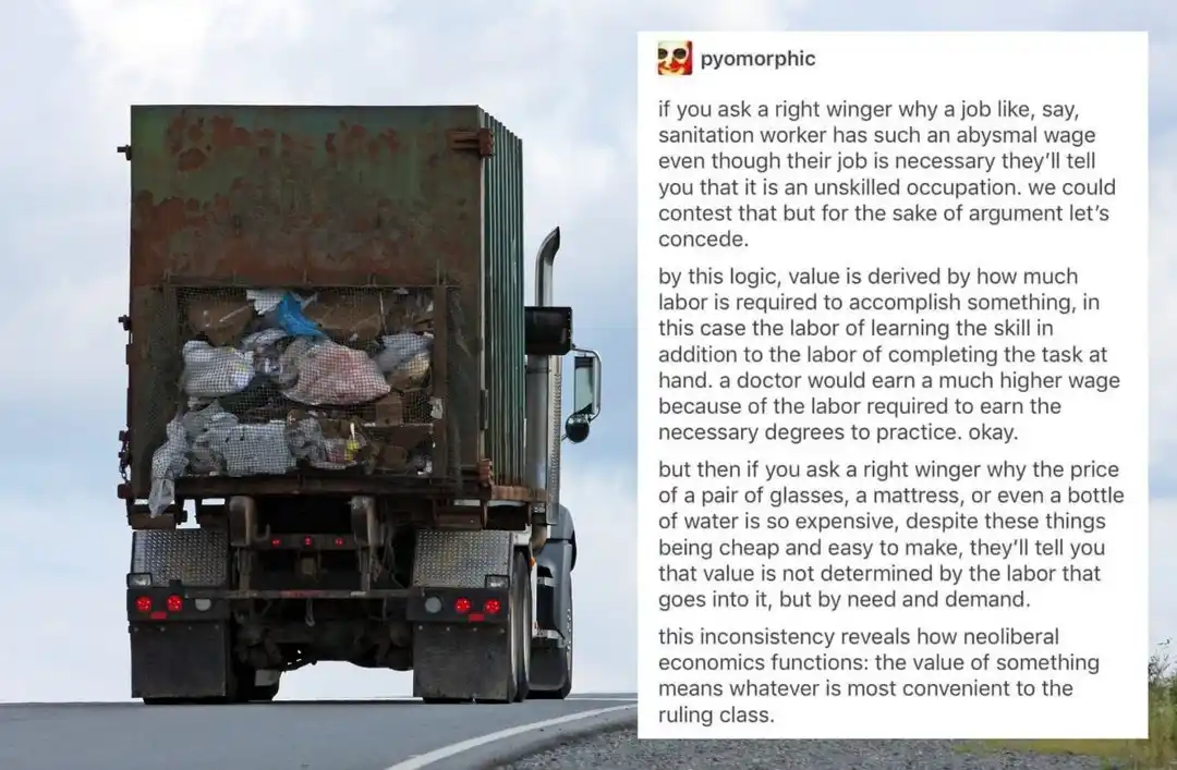 A rusty garbage truck drives down a road, its back filled with trash bags. Overlaid is a long text post from 'pyomorphic'…