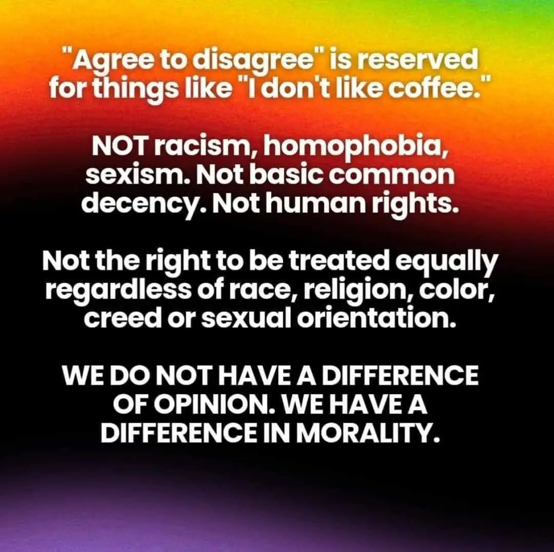 A gradient background from orange to purple displays white text explaining that 'agree to disagree' only applies to trivial…