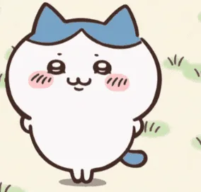 A cute, round, white cartoon cat with blue ears and a blue tail stands in a grassy area, blushing slightly with a content…