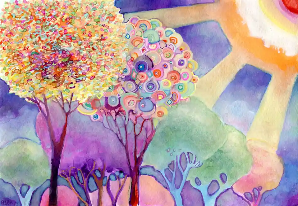 A colorful watercolor painting depicts two stylized trees with vibrant, abstract canopies—one made of multicolored dots, the…