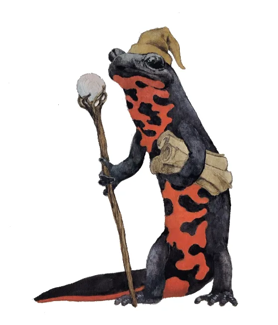 A cartoon illustration of a black and orange spotted salamander standing upright, wearing a brown wizard's hat and holding a…