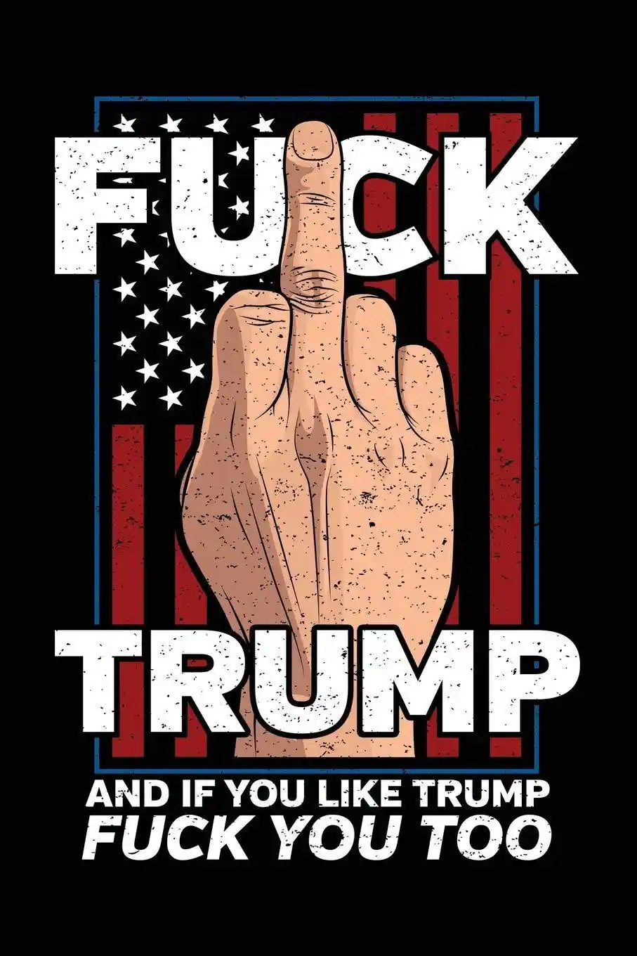 A graphic image shows a hand giving the middle finger, centered over a stylized American flag background with stars and…
