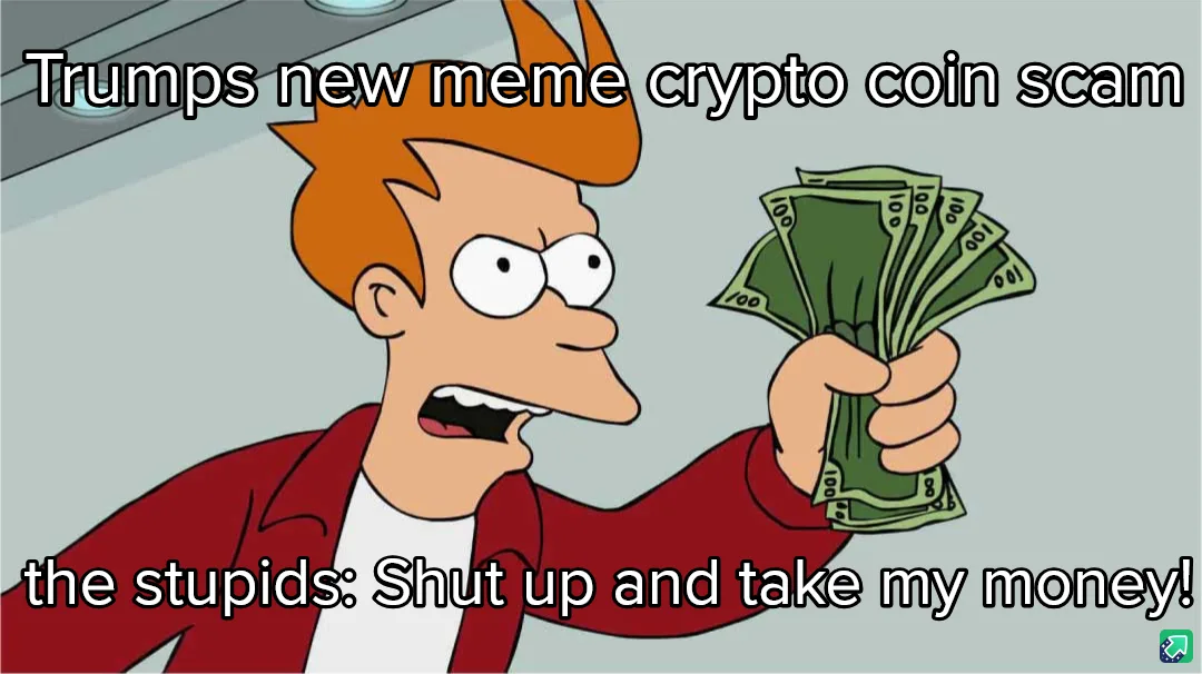 A cartoon man with orange hair and a red jacket holds a fan of $100 bills, looking excitedly at the viewer. The top text…