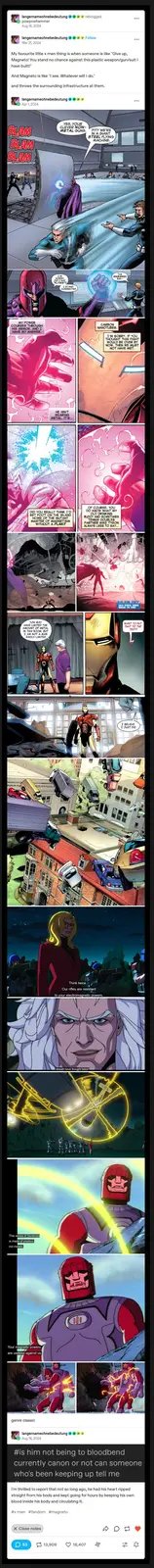 A comic strip compilation showing Magneto's iconic moments of defeating opponents by exploiting their lack of metal or using…
