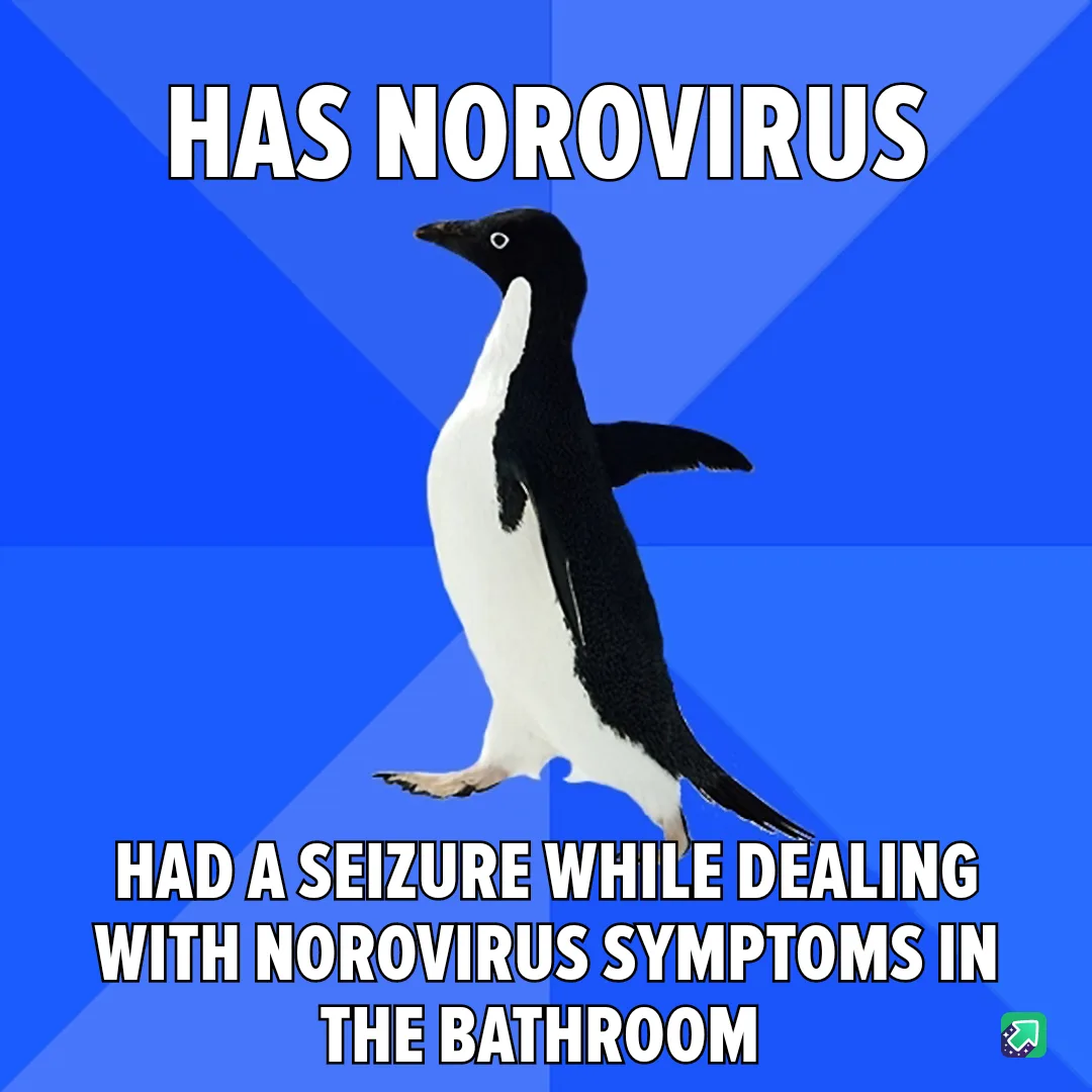 A black-and-white penguin stands against a blue background with diagonal lines. The text at the top reads 'HAS NOROVIRUS'…