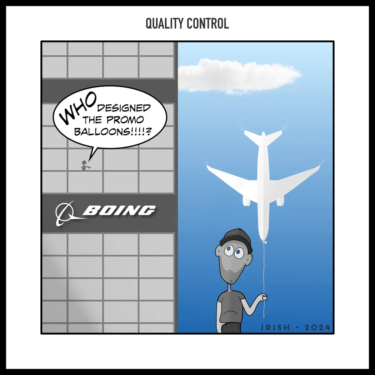 A cartoon depicts a person holding a balloon shaped like an airplane against a blue sky with a cloud. On the left, a…