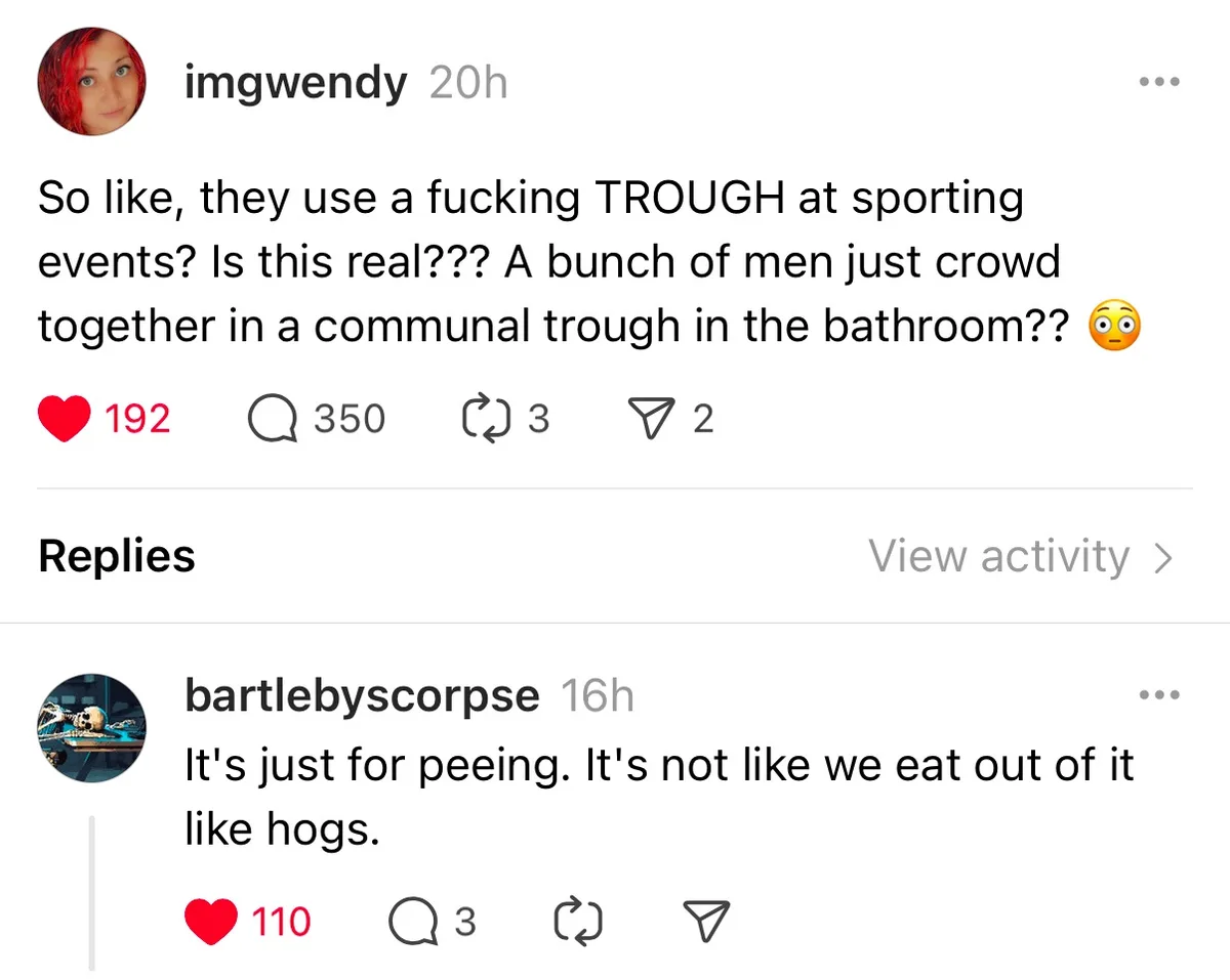 A screenshot of a social media comment thread where the first user expresses shock and disbelief at the idea of men using a…