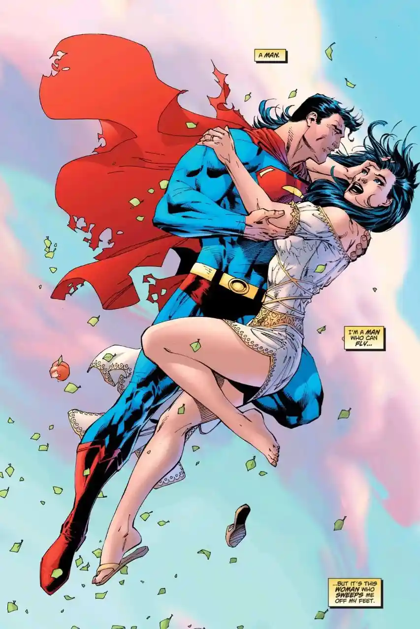 A comic book panel shows Superman flying with Wonder Woman in his arms, her legs dangling and one sandal off. Her white…