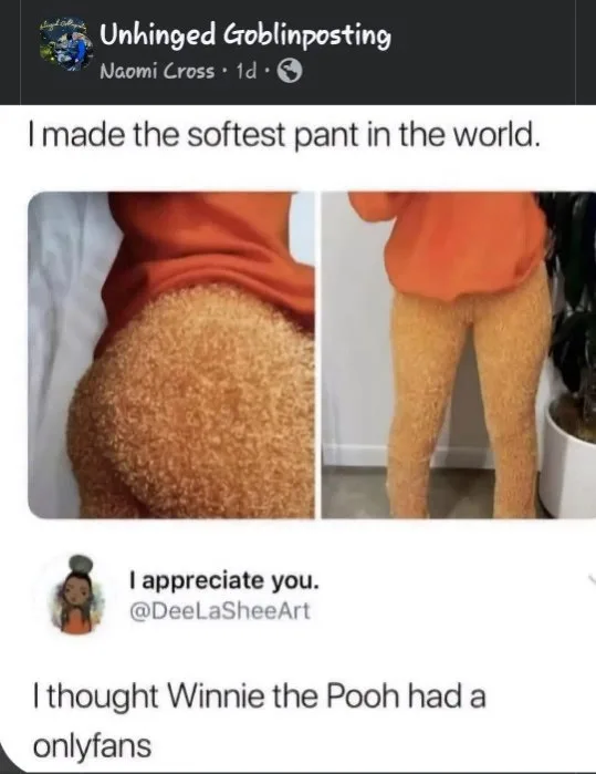 A two-panel image shows a person wearing fuzzy, orange, teddy-bear-like pants. The top panel is a close-up of the backside…