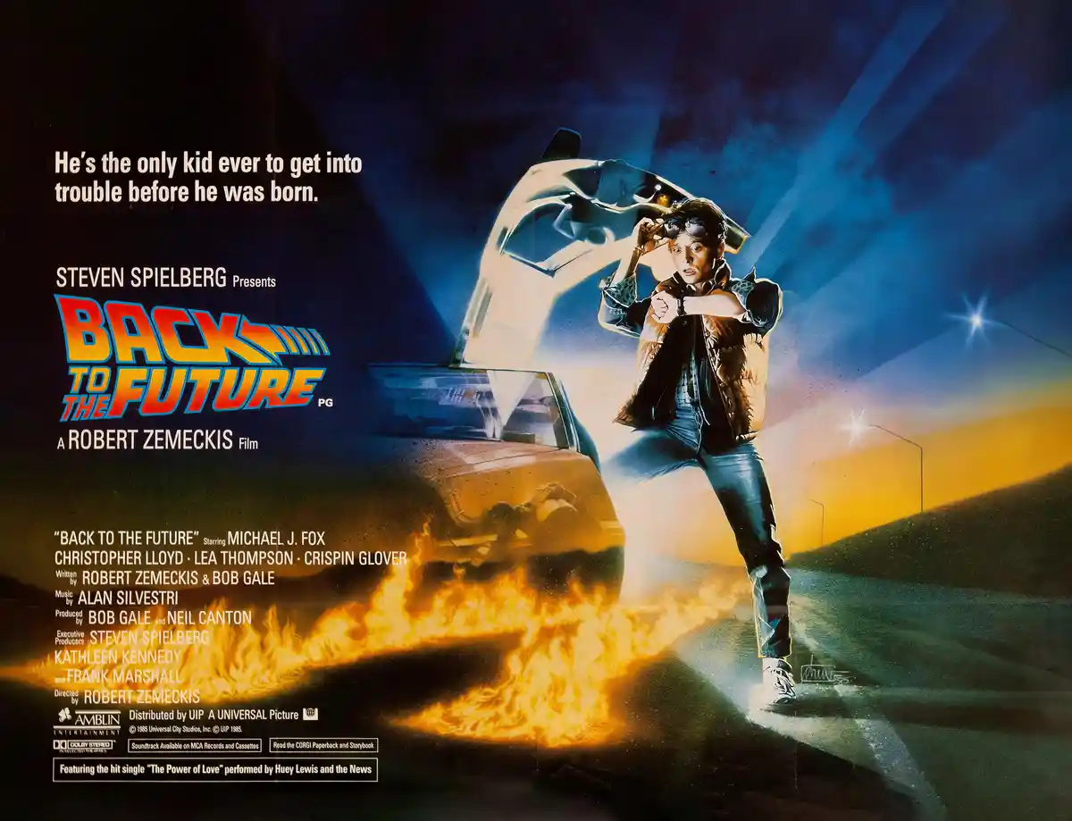 This is a promotional poster for the 1985 film 'Back to the Future,' featuring a young man in a brown jacket and blue jeans…