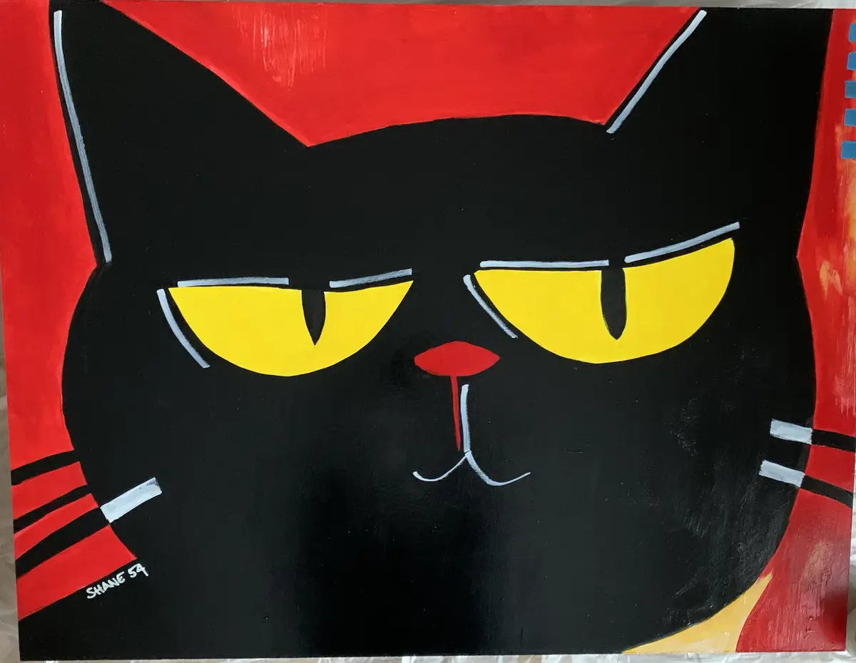 A stylized painting of a black cat with yellow eyes and a red nose, set against a red background with white outlines. The…