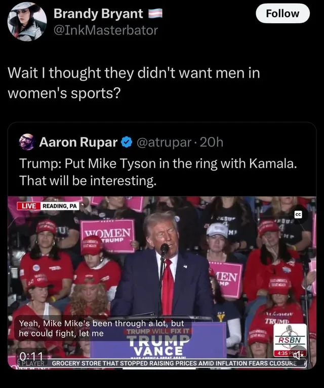 A screenshot of a tweet by Aaron Rupar showing Donald Trump speaking at a rally with supporters holding 'WOMEN TRUMP' signs…
