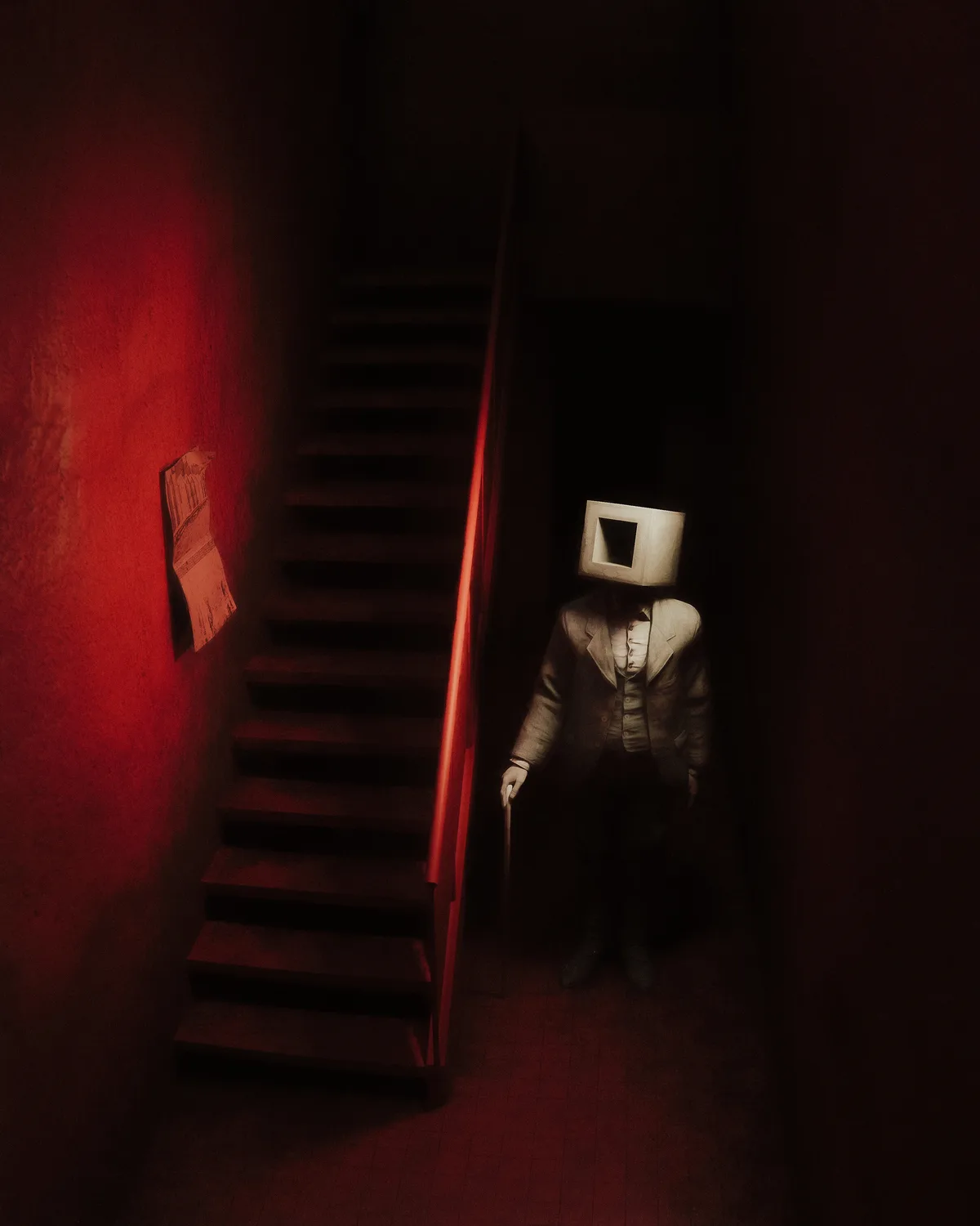 A person in a vintage suit with a square monitor for a head stands at the bottom of a dimly lit staircase bathed in red…
