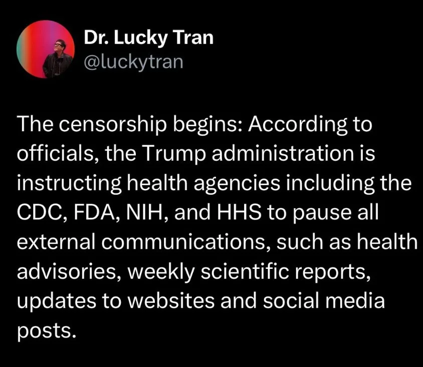 A screenshot of a tweet from Dr. Lucky Tran (@luckytran) with a black background and white text. The tweet reads: 'The…