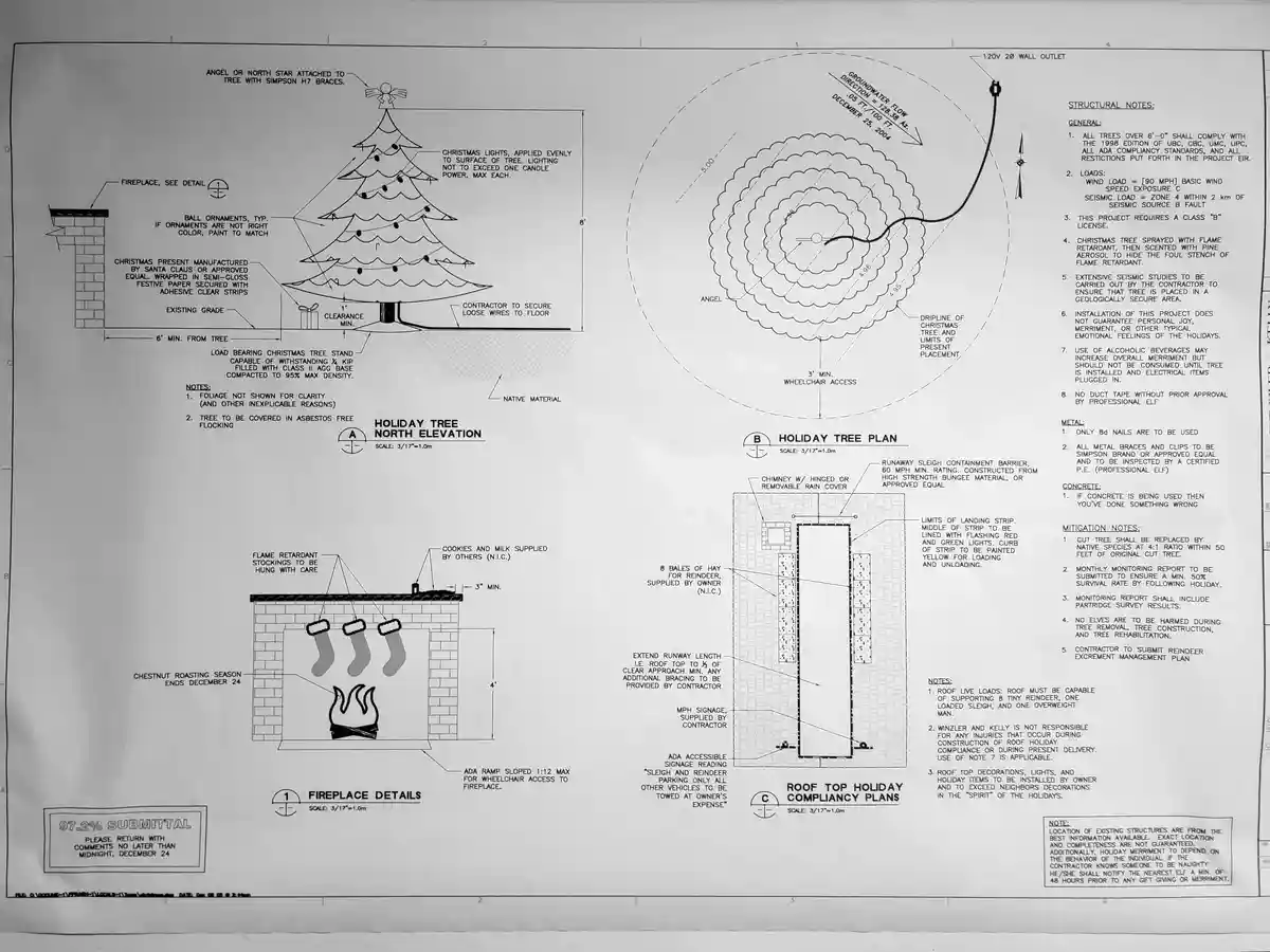 A technical blueprint titled 'Holiday Tree' and 'Roof Top Holiday Compliance Plans' with detailed architectural drawings of…