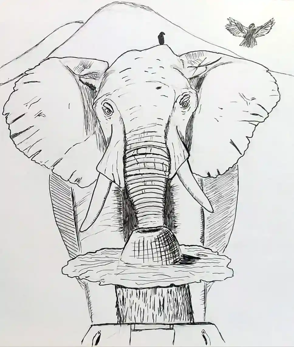A black-and-white sketch shows a large elephant with its trunk curled around a small bird perched on its head. Another bird…
