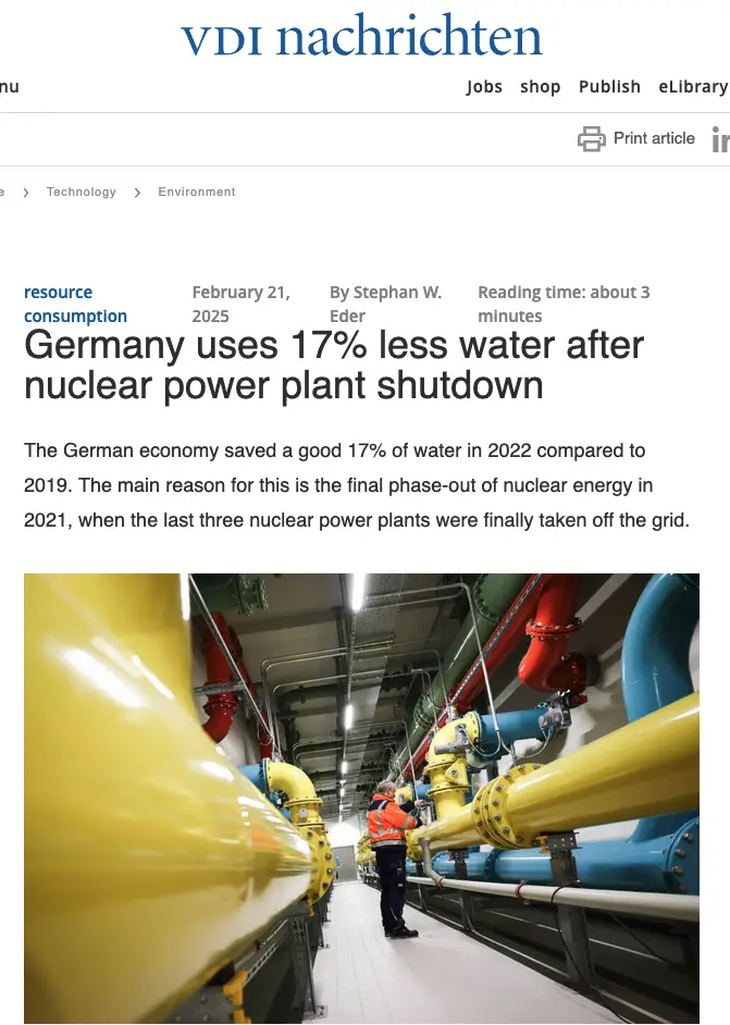 A screenshot of a VDI Nachrichten article from February 21, 2025, with the headline 'Germany uses 17% less water after…